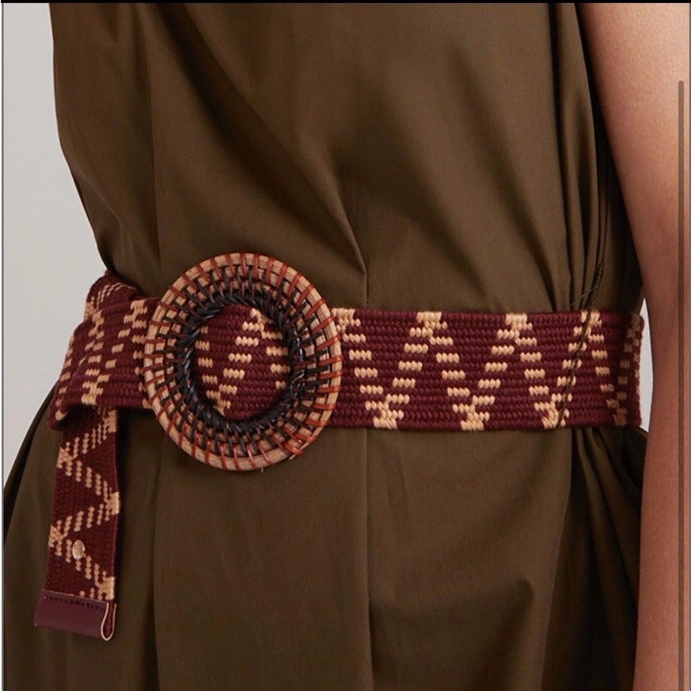 Zara Woven Belt Womens 30 Burgundy Tan Round Buckle Boho Geometric Statement